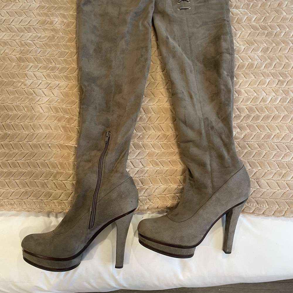 Over the Knee High Heel Boots - Taupe